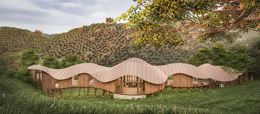 The main area at Erebero Hills, showcasing the lodge’s distinctive wavy roof design.