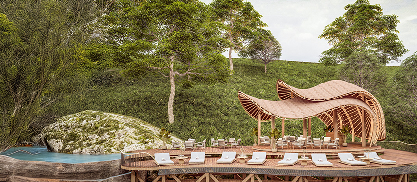 Erebero Hills’ pool deck with loungers and an organic, open-air structure surrounded by forest.