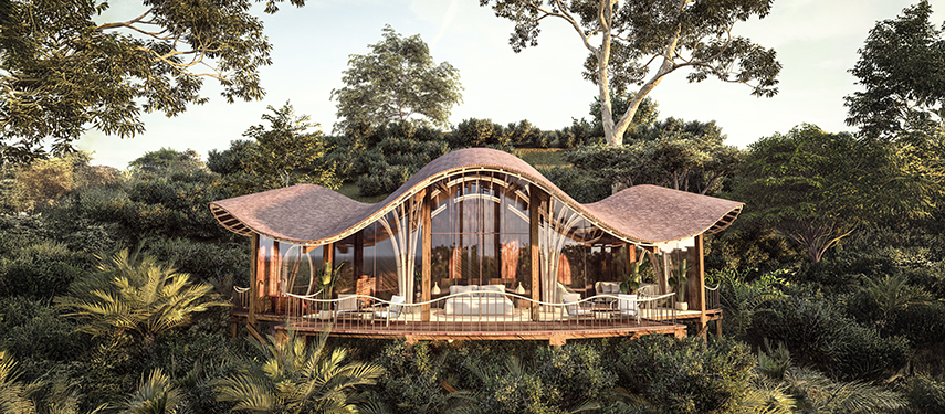 Erebero Hills’ pool deck with loungers and an organic, open-air structure surrounded by forest.