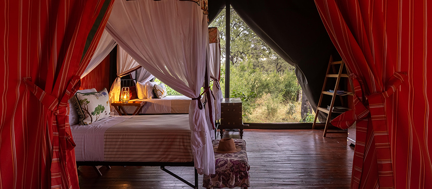 Inside the family tent at Mbamba Camp, showing twin beds and an inviting, open design with views to the bush.