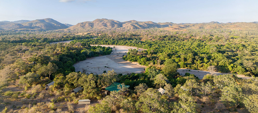 Aerial view of Mhara River Camp, Mana Pools, Zimbabwe