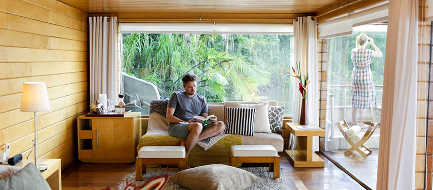 Private lounge area aboard a luxury expedition cruise on the PEruvian Amazin