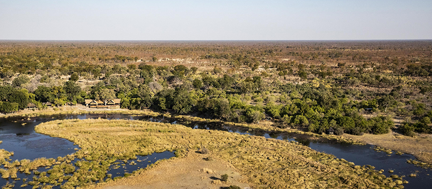 Aerial view of King's Pool luxury safari Camp, Linyanti, Botswana