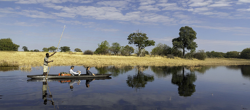 Tranquil mokoro ride through calm waters with a guide poling guests past reeds and trees.