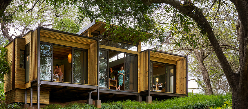 Contemporary glass-walled spa suite framed by trees, offering private wellness in nature.