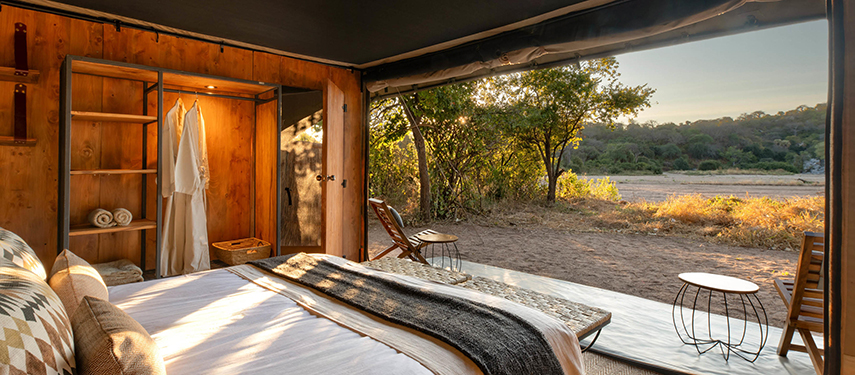 Luxury Safari Tent Interior With View In Tanzania