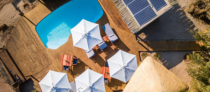 Aerial view of Mankwe Tented Retreat swimming pool, Botswana