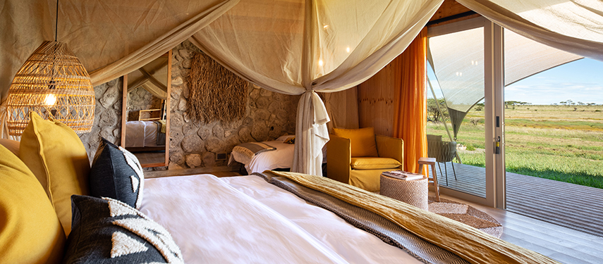 Luxurious interior of a double suite with Masai Mara views at Namiri Plains Retreat