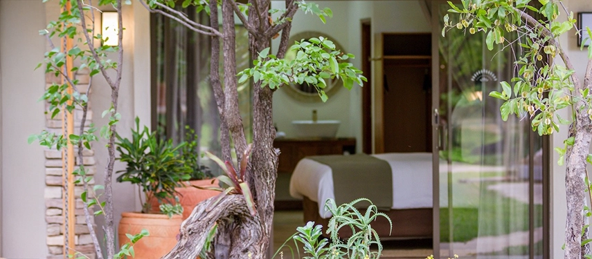 Lush garden pathway leading to a guest suite framed by greenery at Insika Lodge, Victoria Falls.