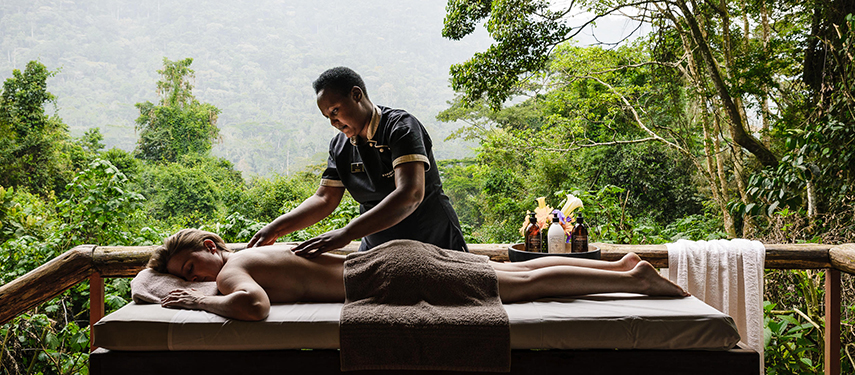 Guest enjoying a massage at Gorilla Forest Lodge, Uganda