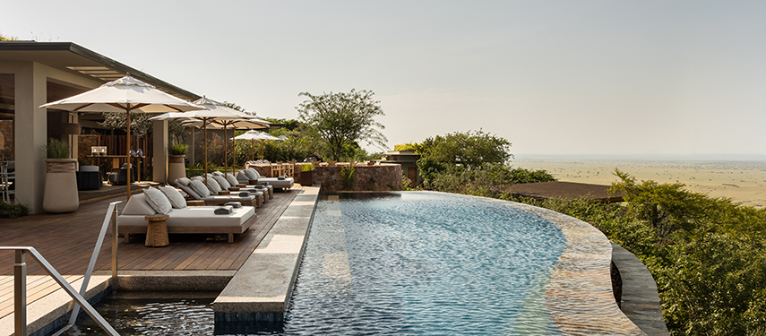 Singita Milele safari lodge infinity pool with views over Grumeti Game Reserve
