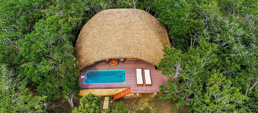 Aerial view of suite and private plunge pool surrounded by trees at Uga Chena Huts, Sri Lanka