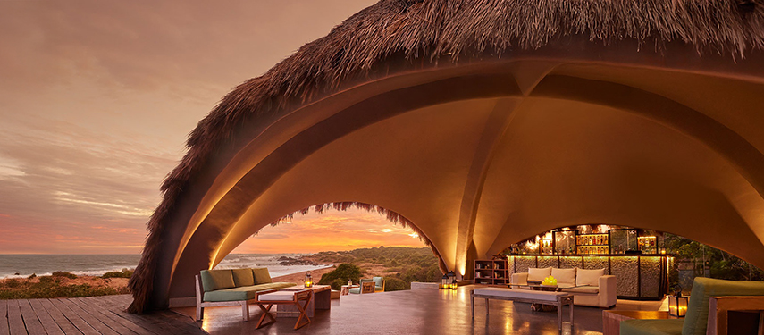 Lounge area on the shores of the Indian Ocean at Uga Chena Huts, Sri Lanka