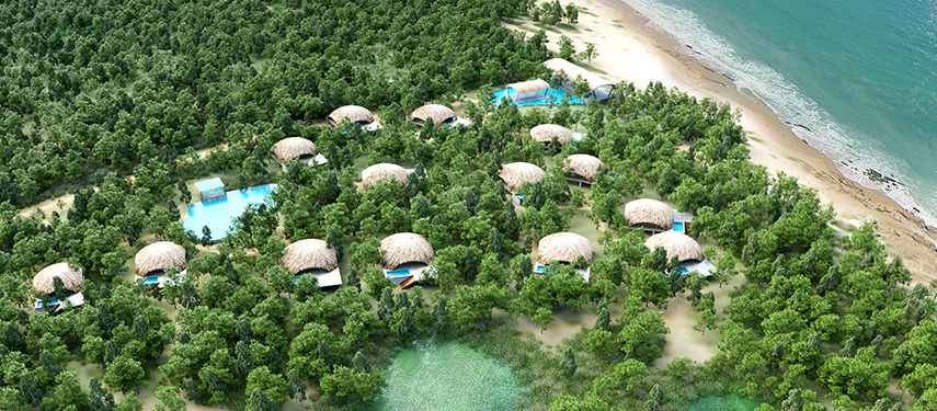Aerial view of the lagoons and suites of Uga Chena Huts resort surrounded by jungle, Sri Lanka