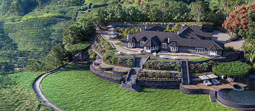 Exterior aerial view of Uga Halloowella on a clear, blue day