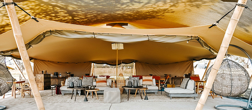 Luxurious lounge area at Usawa Serengeti mobile tented camp in Tanzania