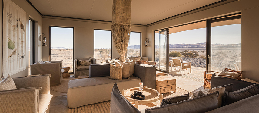 Lounge area with panoramic views across the Namibian desert