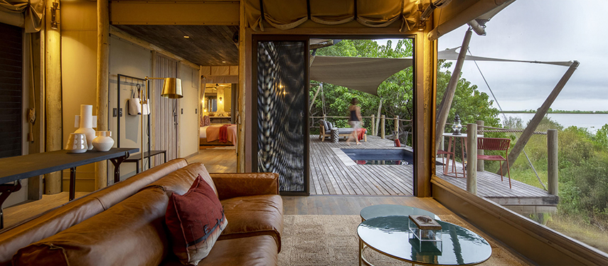 Sumptuous interior of Little DumaTau tented safari camp, Linyanti, Botswana