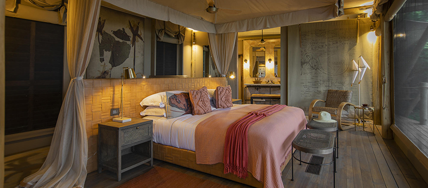 Sumptuous interior of Little DumaTau tented safari camp, Linyanti, Botswana