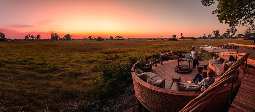 Little Mombo's boma lounge are at sunset