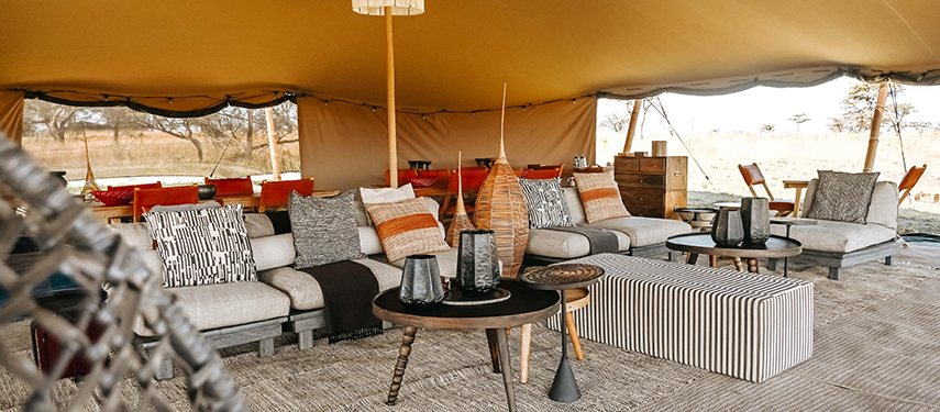 Luxurious lounge area at Usawa Serengeti mobile tented camp in Tanzania