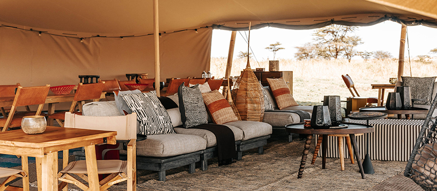 Luxurious lounge area at Usawa Serengeti mobile tented camp in Tanzania
