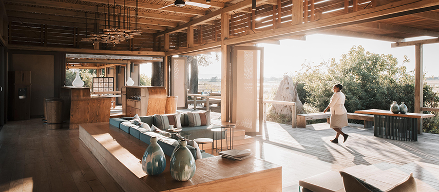 Luxurious lounge area at Vumbura Plains safari lodge in Botswana's Okavango Delta