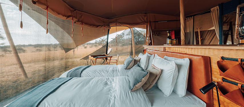 Luxurious tented bedroom suite at Usawa Serengeti camp