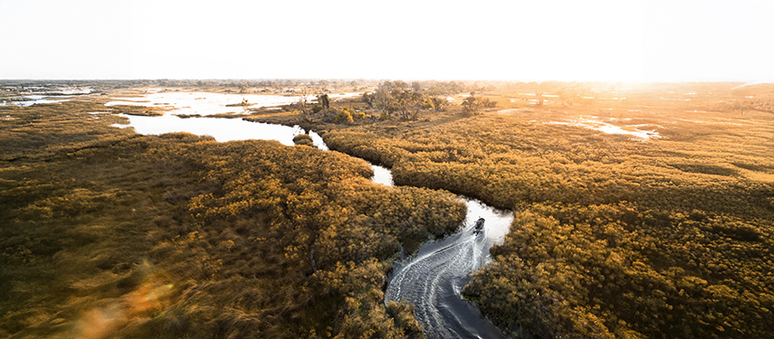 Aerial view of boats speeding through the Okavango Delta