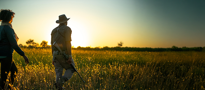 Guests and safari guide on a sunset walking safari in Botswana
