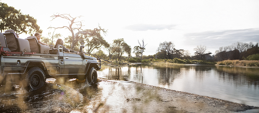 Game drive passes through the through the floodwaters of the Okavango Delta