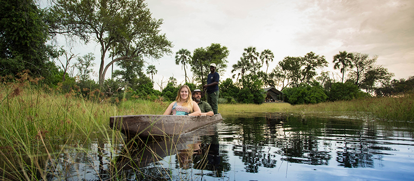 Enjoy being gentled poled on a mokoro at Gomoti Plains Camp in the Okavango Delta