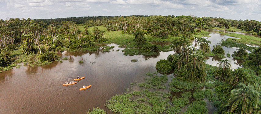 Kayaking in the river at Mboko Camp in the Republic of Congo