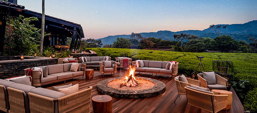 Fire pit with views over Nyungwe National Park at Nyungwe House