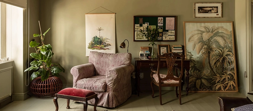 Charming reading nook at Dorp Hotel with vintage armchair, framed botanical prints, and soft natural light.