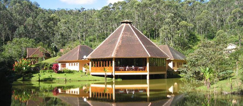 Bungalows are scattered amongst the gardens around the restaurant at Vakona Forest Lodge.