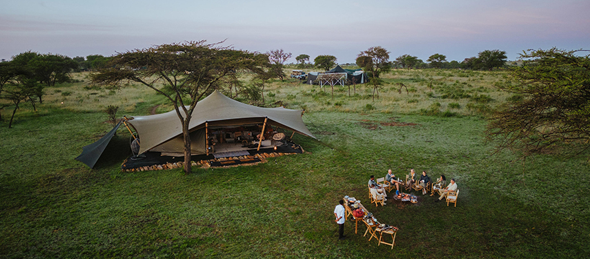 Aerial view of Usawa Serengeti mobile tented safari camp, Tanzania