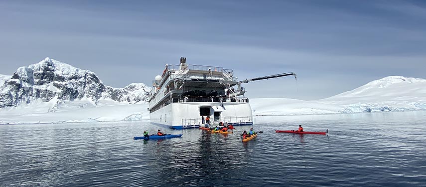 Kayaks And Activity Platform, Greg Mortimer luxury Antarctic cruise ship, Antarctica