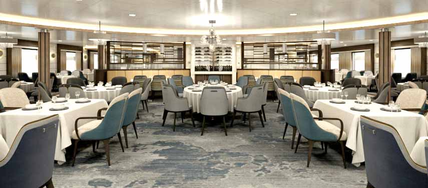 Luxurious dining room aboard the Sylvia Earle Expedition cruise ship