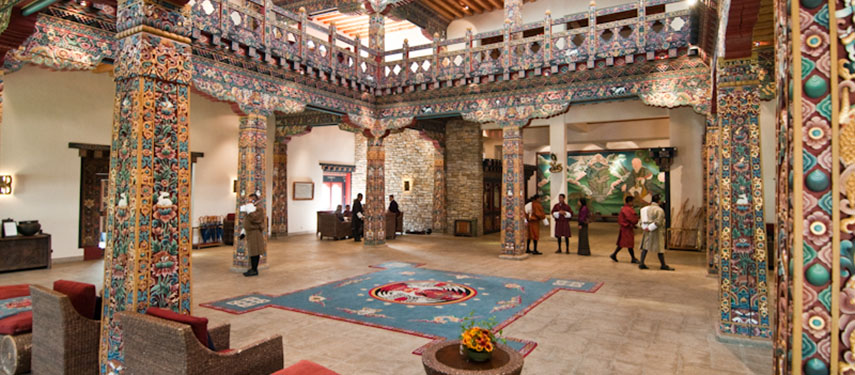 The Bhutanese inspired lobby of the Zhiwa Ling Hotel outside Paro in Bhutan.