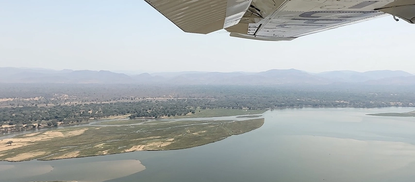 A view over the Zambezi River and Lower Zambezi National Park, Zambia, taken from a light aircraft. 