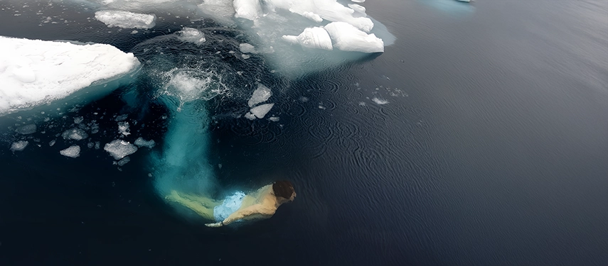 A guest diving into icy Arctic waters surrounded by floating ice.