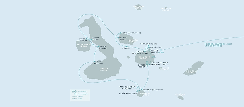 A map of a route through the Galápagos islands.