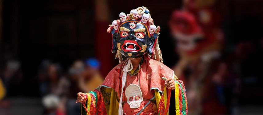 Buddhist mystery with the performance of Mask Dance in the Tibetan Hemis monastery in Leh, Ladakh, India