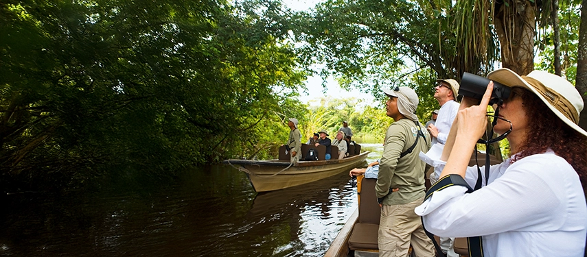 Guests in skiffs observing birdlife along shaded Amazon tributaries beneath lush green forest canopies.