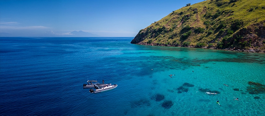 Snorkellers drift through crystal-clear waters around a green-clad headland, discovering the vivid coral reefs of eastern Indonesia.