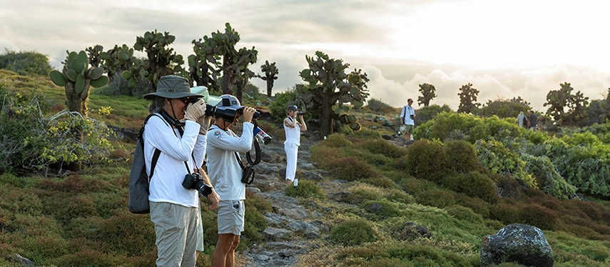 Guests explore a cactus-dotted trail at golden hour, binoculars in hand, surrounded by the wild, rugged terrain of the Galápagos.