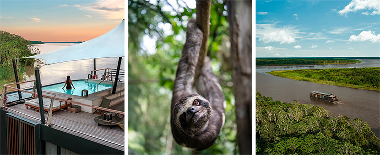 A collage of Peruvian Amazon scenes, featuring a rooftop pool on an expedition cruise vessel, a three-toed sloth hanging upside down, and a boat cruising down the dark waters of the Amazon