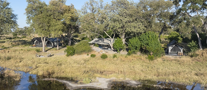 Aerial view of Kweene River Camp’s tents set among trees beside the seasonal river in the Okavango Delta.