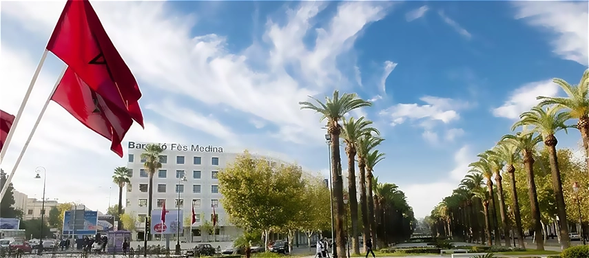 Daytime view of Barceló Fès Medina framed by tall palm trees along a grand avenue in Fès.